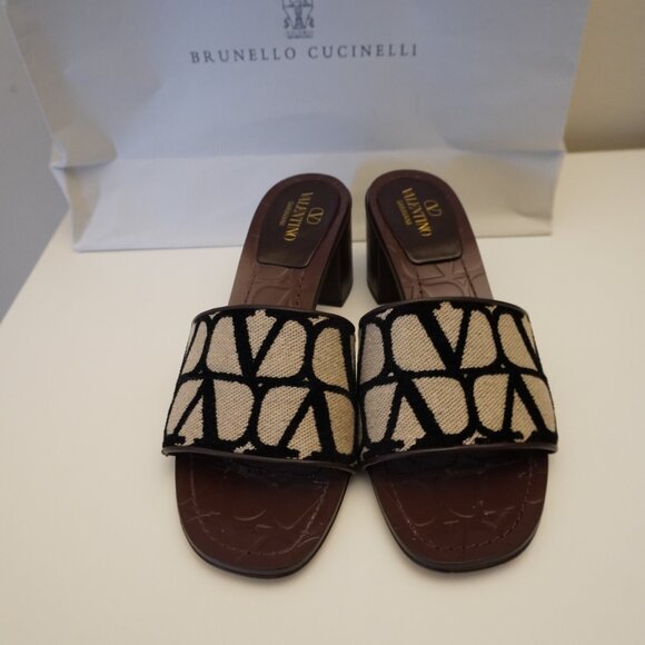 Valentino Garavani VLogo Sandals Block Heel Mules Slides Toile Canvas Size 8 38 - Picture 9 of 9